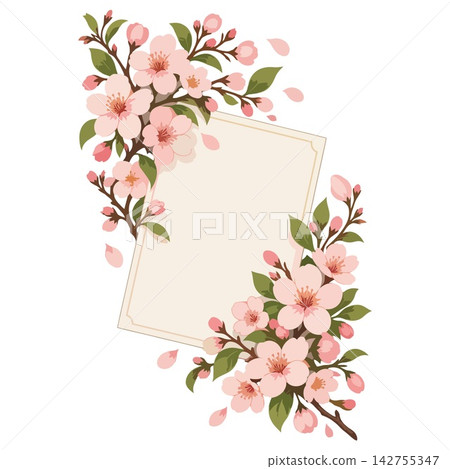 Cherry Blossom Frame with Pink Flowers and Blank Paper Card Cherry Blossom Frame with Pink Flowers and Blank Paper Card 142755347