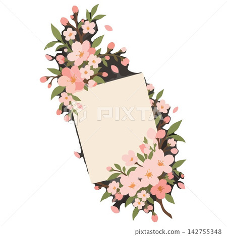 Cherry Blossom Card Frame with Pink Spring Flowers and Blank Paper Cherry Blossom Card Frame with Pink Spring Flowers and Blank Paper 142755348