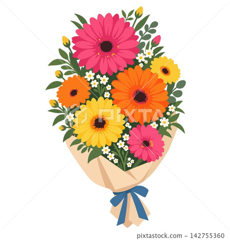 Bouquet of Colorful Gerbera Daisies Wrapped in Brown Paper Bouquet of Colorful Gerbera Daisies Wrapped in Brown Paper 142755360