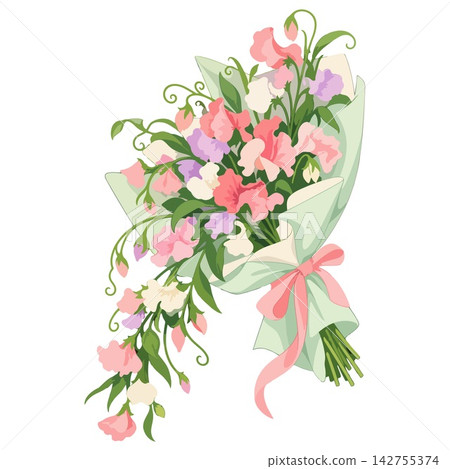 Sweet Pea Flower Bouquet Wrapped in Paper with Pink Ribbon Sweet Pea Flower Bouquet Wrapped in Paper with Pink Ribbon 142755374