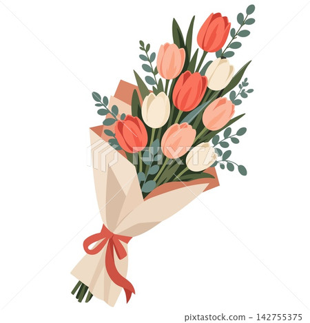 Tulip Bouquet Wrapped in Craft Paper Tied with a Red Ribbon Tulip Bouquet Wrapped in Craft Paper Tied with a Red Ribbon 142755375
