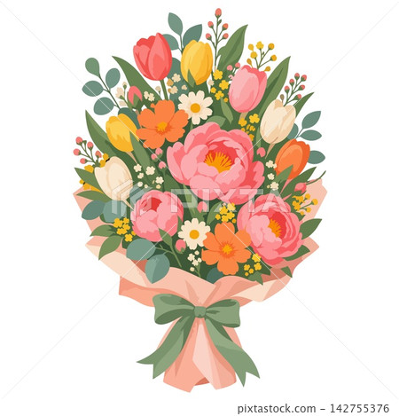 Bouquet of Colorful Spring Flowers Wrapped in Paper with Ribbon Bow Bouquet of Colorful Spring Flowers Wrapped in Paper with Ribbon Bow 142755376