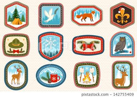 Christmas Scout Merit Badges Collection with Camping, Wildlife, Snowflake and Holiday Outdoor Adventure Patches. Vector Scout Merit patch. Christmas Scout Merit Badges Collection with Camping, Wildlife, Snowflake and Holiday Outdoor Adventure Patches. Vector Scout Merit patch. 142755409