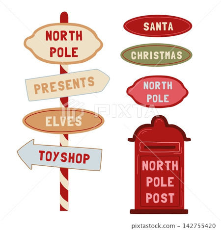 Hand-drawn Christmas village decorative wooden signpost and North Pole mailbox for winter seasonal packaging or decor Hand-drawn Christmas village decorative wooden signpost and North Pole mailbox for winter seasonal packaging or decor 142755420