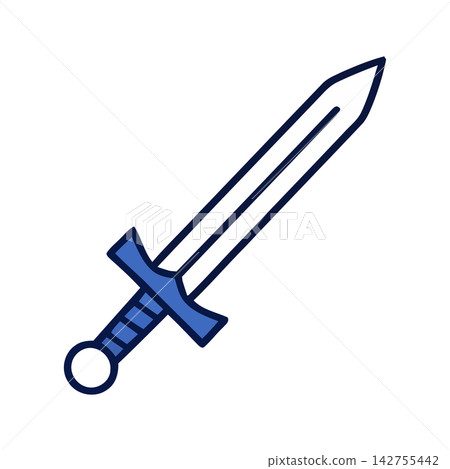 Clean line art drawing of an elegant sword icon, symbolizing defense and strength. 142755442
