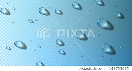 Realistic clean water drops showing freshness and purity on a transparent surface 142755675