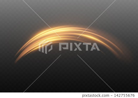 Golden light trails creating a dynamic and flowing speed effect on a transparent background Golden light trails creating a dynamic and flowing speed effect on a transparent background 142755676