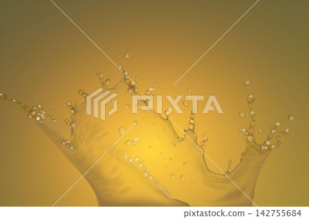 Golden liquid splash creating an abstract crown shape with numerous droplets against a warm background Golden liquid splash creating an abstract crown shape with numerous droplets against a warm background 142755684