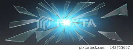 Glass fragments breaking and shattering outwards from a central light burst, symbolizing impact and disruption 142755697
