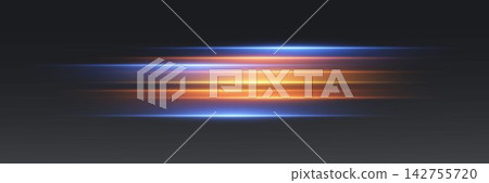 Dynamic light lines moving horizontally on a dark background, creating a glowing speed effect 142755720