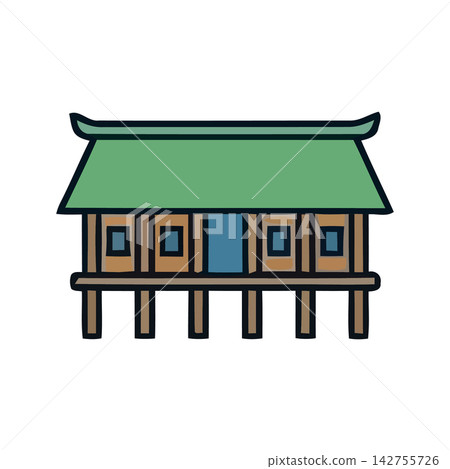 Elegant flat illustration of a traditional Korean Hanok house structure, perfect for cultural backgrounds and designs. Elegant flat illustration of a traditional Korean Hanok house structure, perfect for cultural backgrounds and designs. 142755726