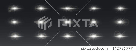 Set of realistic light effects with glowing starbursts and radial glare on dark background Set of realistic light effects with glowing starbursts and radial glare on dark background 142755777