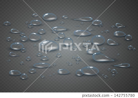 Water drops of various sizes creating a transparent wet surface effect Water drops of various sizes creating a transparent wet surface effect 142755780