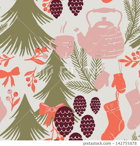 Charming Christmas seamless pattern featuring pine trees, kettle, mittens, and cones. Ideal for holiday wrapping paper, textiles, and wallpaper. 142755878
