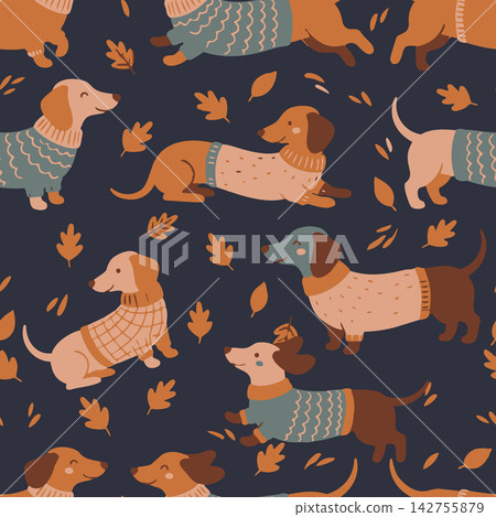 Seamless vector pattern featuring cute dachshunds in cozy knit sweaters with autumn leaves. Perfect for nursery textiles, wallpaper, and wraps. 142755879