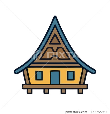 Charming rustic cabin vector icon perfect for architectural designs, storybook illustrations, or travel themed projects. 142755935