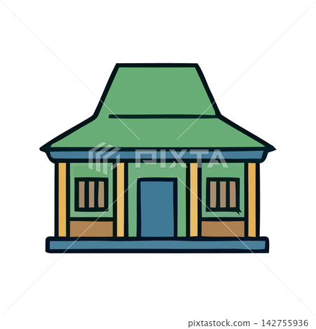 A charming and simple cartoon drawing featuring a green house design on white background. A charming and simple cartoon drawing featuring a green house design on white background. 142755936