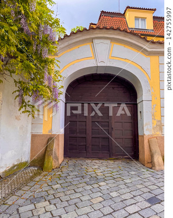 Arched entrance with wooden doors, cobblestones and wall with blooming wisteria Arched entrance with wooden doors, cobblestones and wall with blooming wisteria 142755997