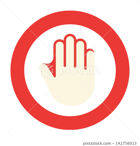 Red circular prohibition sign with hand symbol isolated on white background Red circular prohibition sign with hand symbol isolated on white background 142756013
