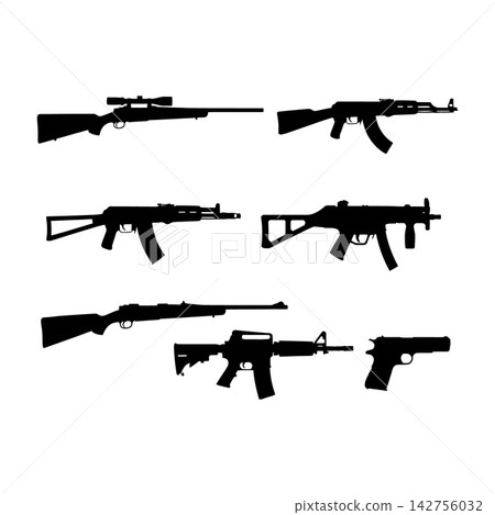 Set of Various Firearms Silhouettes Isolated on White Background for Weapon Design Set of Various Firearms Silhouettes Isolated on White Background for Weapon Design 142756032