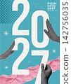 Happy New Year 2027 editorial collage poster with bold typography, halftone hands, torn pink paper, blue background, snowflakes and textured retro print style. 142756035