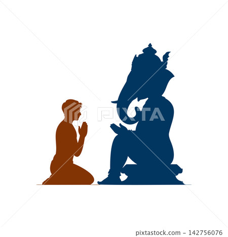 Man kneeling and praying to Lord Ganesha Man kneeling and praying to Lord Ganesha 142756076