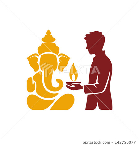 Man offering diya prayer to Lord Ganesha Man offering diya prayer to Lord Ganesha 142756077