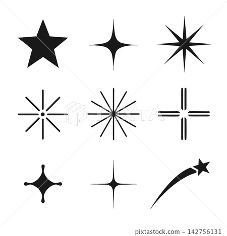 The image shows a collection of nine black silhouette icons of stars and sparkles, including classic five-pointed stars The image shows a collection of nine black silhouette icons of stars and sparkles, including classic five-pointed stars 142756131