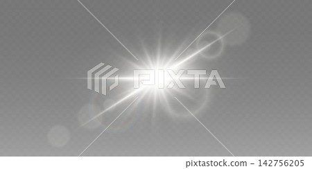 White glowing light source creating optical lens flares and starburst effect on transparent background White glowing light source creating optical lens flares and starburst effect on transparent background 142756205