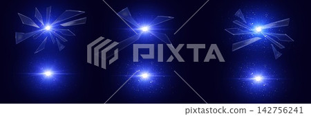 Glass fragments flying from an exploding blue light, creating an abstract energy background 142756241