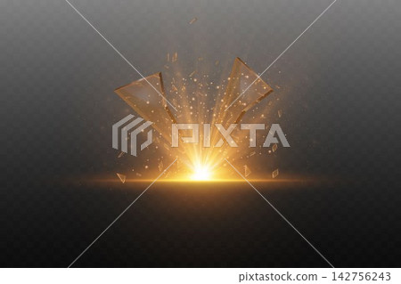 Shattered glass pieces scattering around a bright golden light beam 142756243