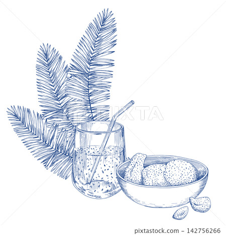 Glass smoothie with the glass straw and bowl with the pitaya pulp and palm leaves. Handmade ink illustration. For design of cards, cover, prints, product labels and fabric. Glass smoothie with the glass straw and bowl with the pitaya pulp and palm leaves. Handmade ink illustration. For design of cards, cover, prints, product labels and fabric. 142756266
