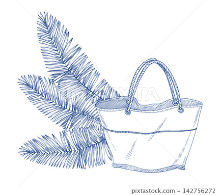 Palm leaves and beach bag. Handmade ink illustration. For design of cards, cover, prints, product labels and fabric. Palm leaves and beach bag. Handmade ink illustration. For design of cards, cover, prints, product labels and fabric. 142756272