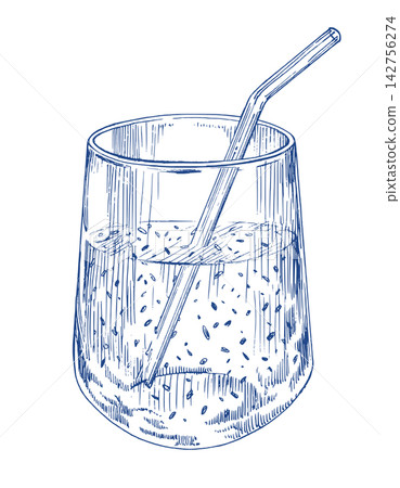 Glass smoothie with the glass straw. Handmade ink illustration. For design of cards, cover, prints, product labels and fabric. 142756274