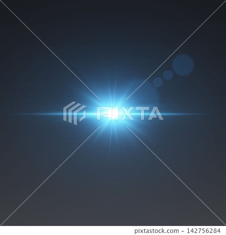 Bright blue lens flare creating a starburst effect with rays and reflections 142756284