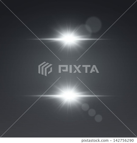 Digital lens flare elements creating bright starbursts and horizontal light rays Digital lens flare elements creating bright starbursts and horizontal light rays 142756290