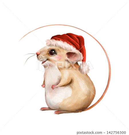 Hand-drawn illustration of a cute mouse wearing a red Santa hat with a long curved tail. Isolated on white background, perfect for festive Christmas cards, winter holiday nursery decor, and cheerful Hand-drawn illustration of a cute mouse wearing a red Santa hat with a long curved tail. Isolated on white background, perfect for festive Christmas cards, winter holiday nursery decor, and cheerful 142756300