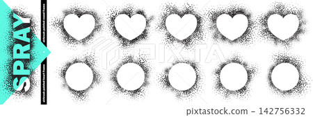 Circle stencil frame, sprayed paint graffiti for heart frame text box. Grunge spray with vector splatter brush, round shape bg. Borderline ink for love airbrushing can, splash and line dot dash effect 142756332