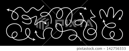 Arrow vector line set. Curved shape doodle brush element arow. Squiggly scribble direction up down abstract pointer. Change plan abstract stroke graphic sign. Curly circle looped spiral swirl map path Arrow vector line set. Curved shape doodle brush element arow. Squiggly scribble direction up down abstract pointer. Change plan abstract stroke graphic sign. Curly circle looped spiral swirl map path 142756333