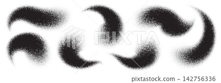 Grain dotted gradient blob for abstract noisy bg with black spray effect. Gray vector dust, wave and swirl of pattern texture and granular paint. Dissolved shadow of spray circle, grunge wavy vortex Grain dotted gradient blob for abstract noisy bg with black spray effect. Gray vector dust, wave and swirl of pattern texture and granular paint. Dissolved shadow of spray circle, grunge wavy vortex 142756336