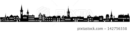 Town skyline silhouette. Small city houses, factory buildings, old church roofs, simple residental neighborhood vector flat scene. 142756338