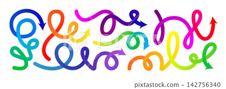 Gradient line arrow vector set. Curved shape doodle icon element, gradation squiggly brush bg. Up and down direction scribble stroke carnival pattern. Change plan graphic sign, color circle curly bold Gradient line arrow vector set. Curved shape doodle icon element, gradation squiggly brush bg. Up and down direction scribble stroke carnival pattern. Change plan graphic sign, color circle curly bold 142756340