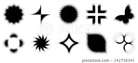 Blurred grainy butterfly with textured gradient pattern and dot shaped spark swirl. Vortex sun flower, modern spray logo and wavy circle of cloudy noise. Y2k round shape, radiant wave, shiny half tone Blurred grainy butterfly with textured gradient pattern and dot shaped spark swirl. Vortex sun flower, modern spray logo and wavy circle of cloudy noise. Y2k round shape, radiant wave, shiny half tone 142756341