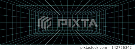 Line grid bg with 3d floor perspective, abstract game space. Digital retro wireframe of square mesh room, vector frame texture. Neon box for dimension net cube. Cyber metaverse technology depth vr Line grid bg with 3d floor perspective, abstract game space. Digital retro wireframe of square mesh room, vector frame texture. Neon box for dimension net cube. Cyber metaverse technology depth vr 142756342