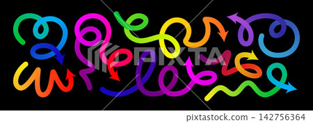 Gradient line arrow vector set. Curved shape doodle icon element, gradation squiggly brush bg. Up and down direction scribble stroke carnival pattern. Change plan graphic sign, color circle curly bold Gradient line arrow vector set. Curved shape doodle icon element, gradation squiggly brush bg. Up and down direction scribble stroke carnival pattern. Change plan graphic sign, color circle curly bold 142756364