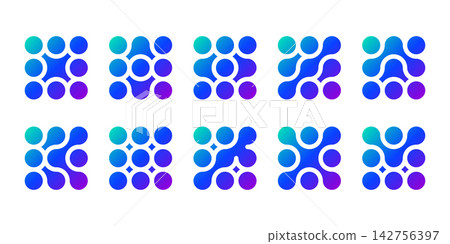 Connected dot icon, abstract tech logo. Vector shape science pattern, integration innovation symbol. Liquid circles merge into blob drops, medical data network metaball design. Round nano morph square 142756397