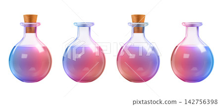 Lab blood test tube, volume 3d potion bottle. Liquid glass flask, magic bulb rpg game. Chemical laboratory beaker, medieval elixir pot. Medical vial isolated vector. Apothecary experiment equipment 142756398