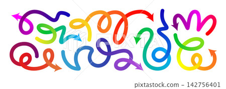 Gradient line arrow vector set. Curved shape doodle icon element, gradation squiggly brush bg. Up and down direction scribble stroke carnival pattern. Change plan graphic sign, color circle curly bold Gradient line arrow vector set. Curved shape doodle icon element, gradation squiggly brush bg. Up and down direction scribble stroke carnival pattern. Change plan graphic sign, color circle curly bold 142756401