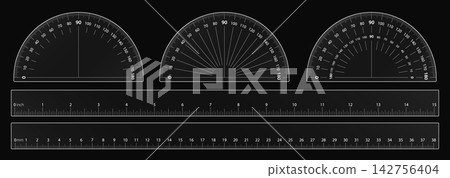 180 degree protractor, meter ruler vector. Measure angle, math scale. Accurate numbers on simple gauge of size engineering tool. Semicircle transparent length rule. School geometry inch distance 180 degree protractor, meter ruler vector. Measure angle, math scale. Accurate numbers on simple gauge of size engineering tool. Semicircle transparent length rule. School geometry inch distance 142756404