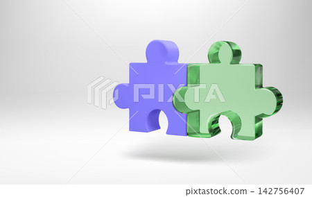 3D purple and green glass puzzle piece, isometric perspective render. Jigsaw toy for partner work solution and business problem solving. Realistic vector for assemble part and complex mission build 3D purple and green glass puzzle piece, isometric perspective render. Jigsaw toy for partner work solution and business problem solving. Realistic vector for assemble part and complex mission build 142756407